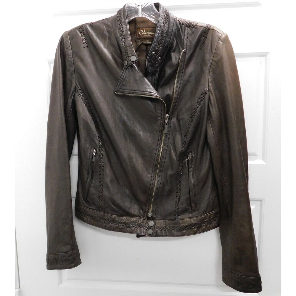 Cole Haan Brown Lamb Leather Full Zip Jacket sz XS